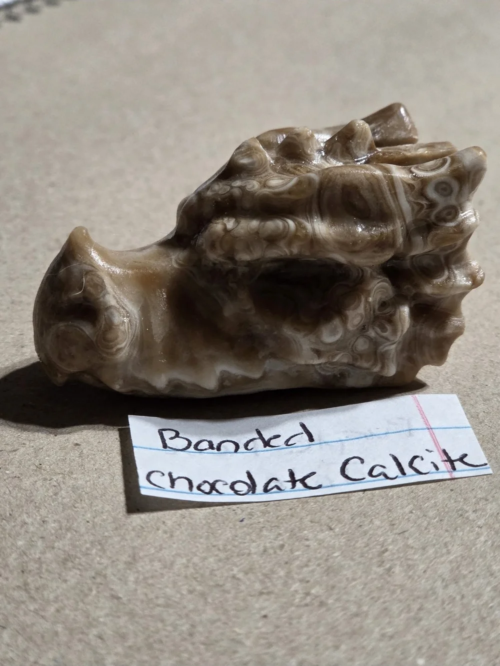 Detailed Banded Chocolate Calcite Crystal Carved Dragon Head Stone Sculpture